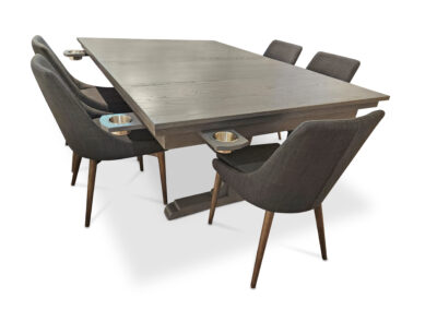 Custom Canadian hardwood board game table with blue recessed gaming surface and topper panels to convert from gaming to dining.