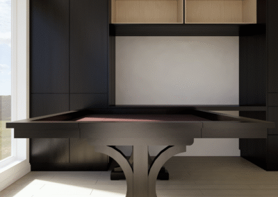 A rendering of an extendable board game desk with middle leaf installed and opened to its maximum width