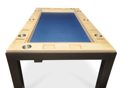 Custom Canadian hardwood board game table with blue recessed gaming surface and integrated cup holders