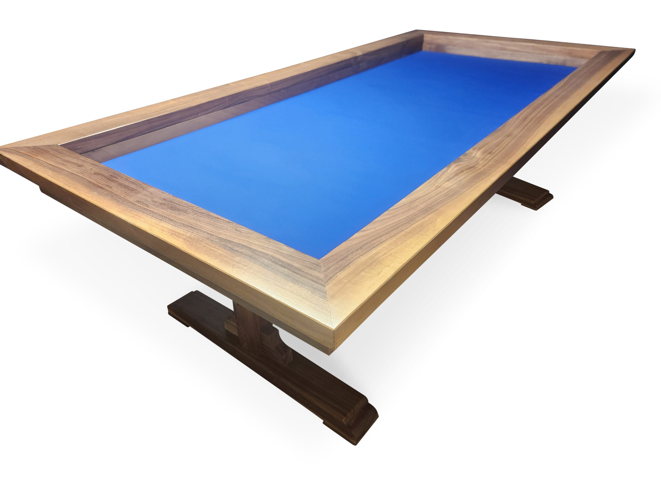 Custom black walnut board game table with blue gaming surface handcrafted in Canada by Western Pride Woodworks