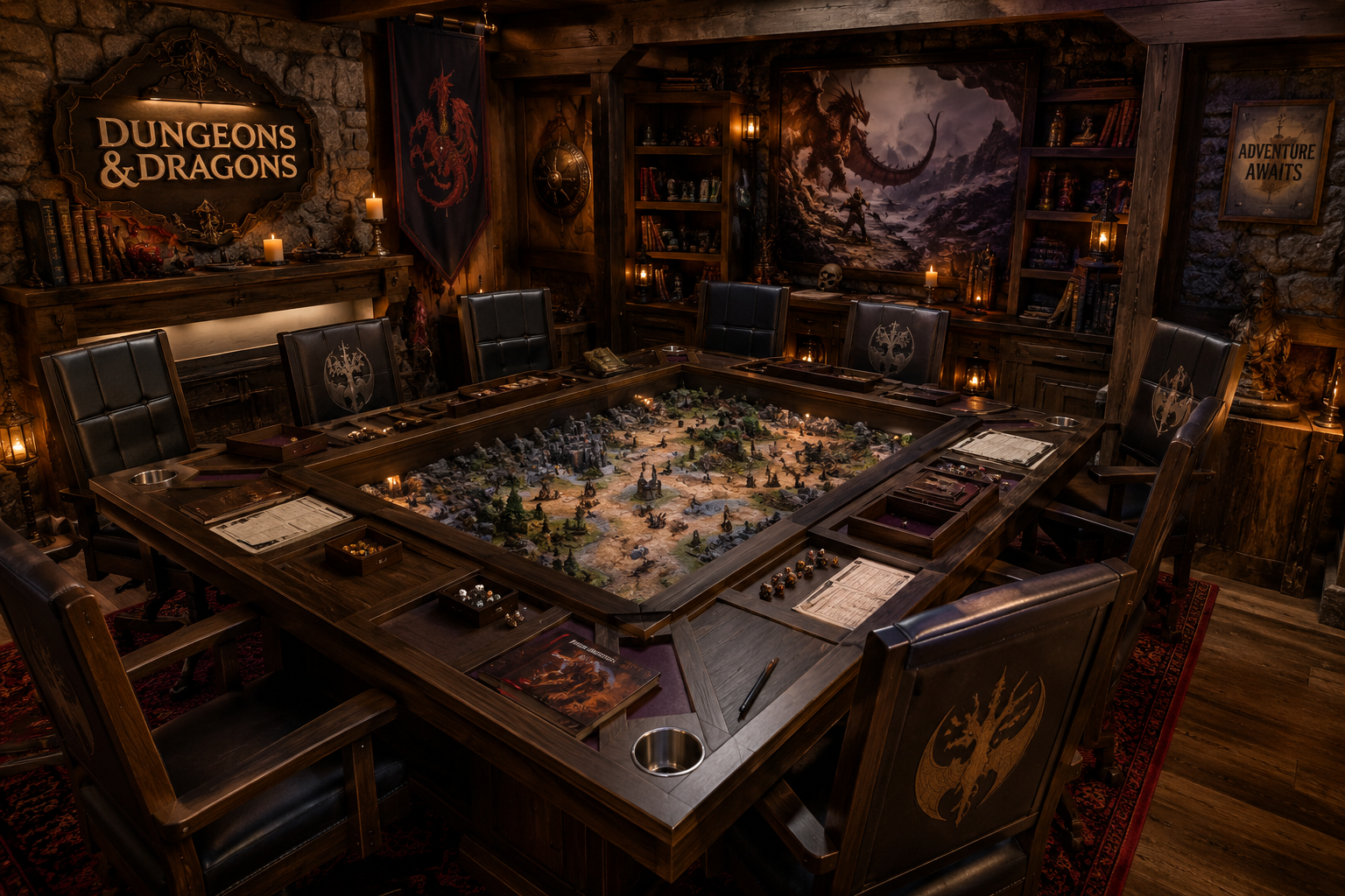 Ultimate Dungeons and Dragons Gaming Room - Custom Woodworking & Custom Furniture - Solid Wood Dining Tables Custom Dungeons and Dragons gaming room featuring a handcrafted hardwood board game table with recessed gaming vault, miniatures, maps, and immersive fantasy décor.