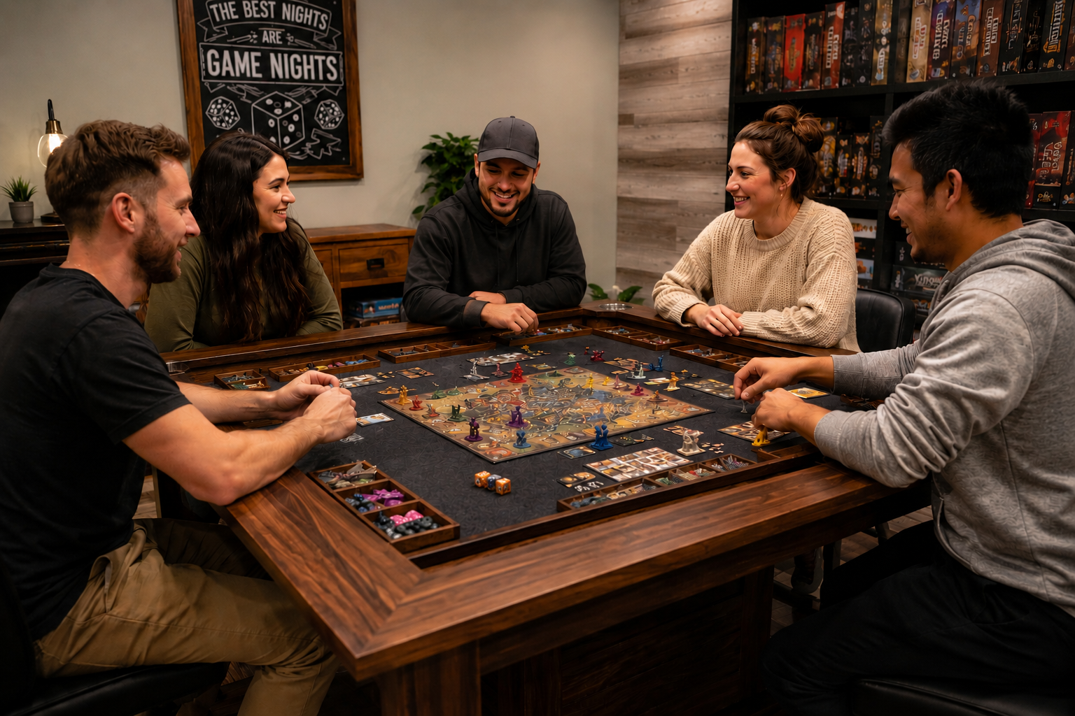 Board Game Tables Bring Friends Together - Custom Woodworking & Custom Furniture - Solid Wood Dining Tables Friends gathered around a custom board game table enjoying a game night together in a comfortable home setting