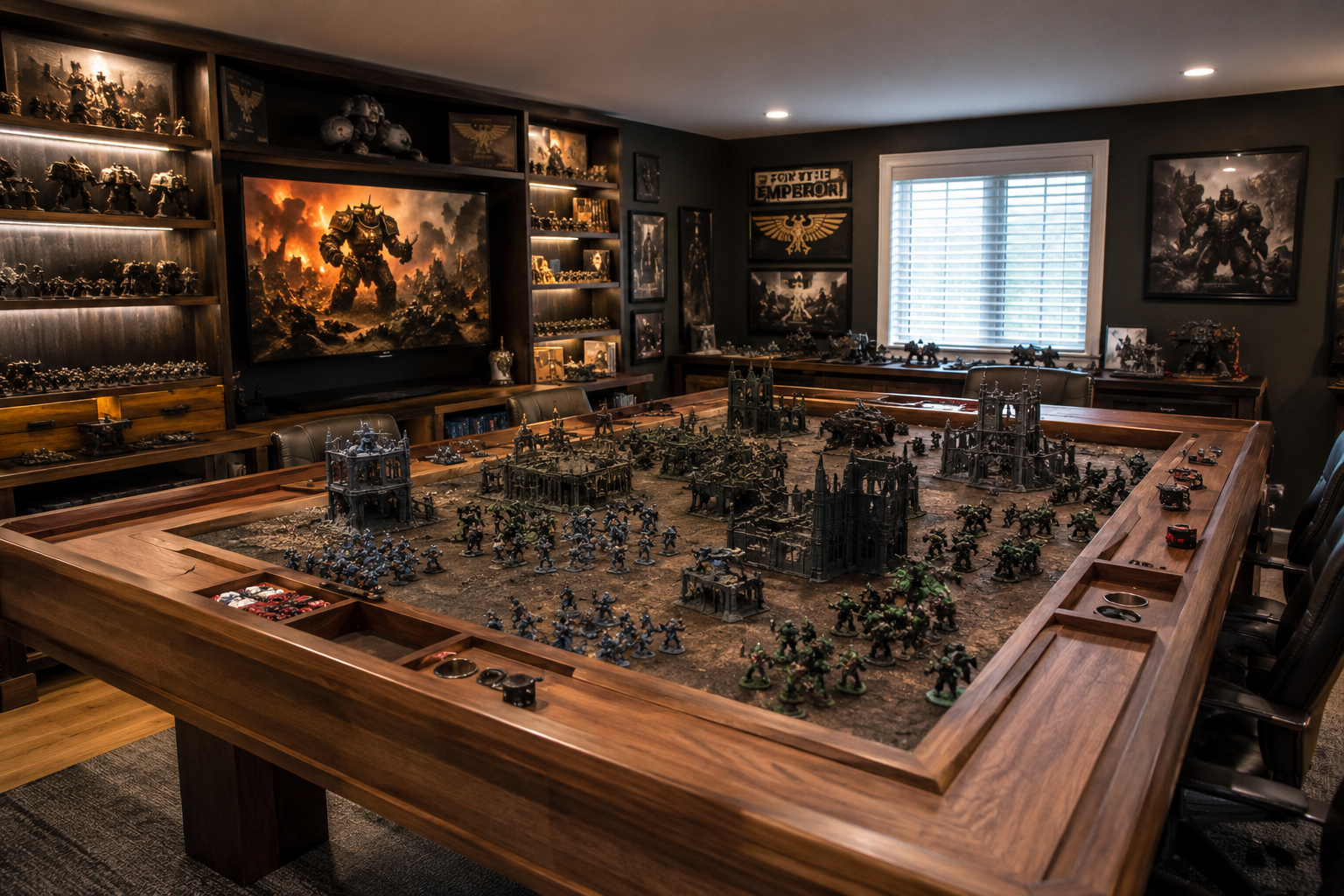 Ultimate Custom Warhammer Gaming Room - Custom Woodworking & Custom Furniture - Solid Wood Dining Tables Custom Warhammer gaming room featuring a handcrafted hardwood gaming table, detailed battlefield terrain, painted miniature armies, display shelves, and immersive hobby décor.