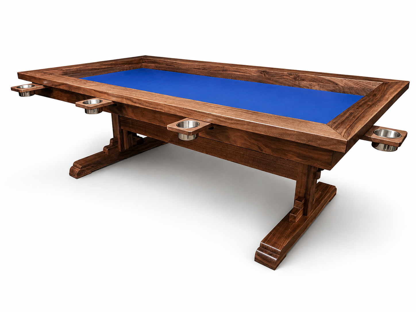 Custom Black Walnut Board Game Table – Blue Gaming Surface - Western Pride Woodworks Custom black walnut board game table with a blue recessed gaming surface, mechanical accessory rail system, and solid wood trestle base on a white background.