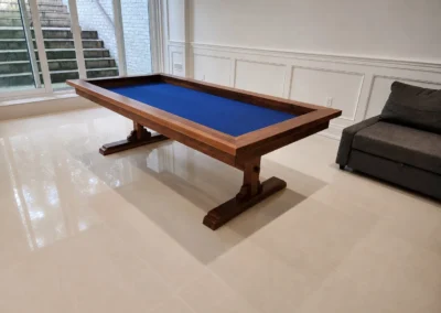 Custom Black Walnut Board Game Table | Western Pride Woodworks - Western Pride Woodworks Black walnut board game table with a recessed blue playing surface handcrafted by Western Pride Woodworks in Ontario.