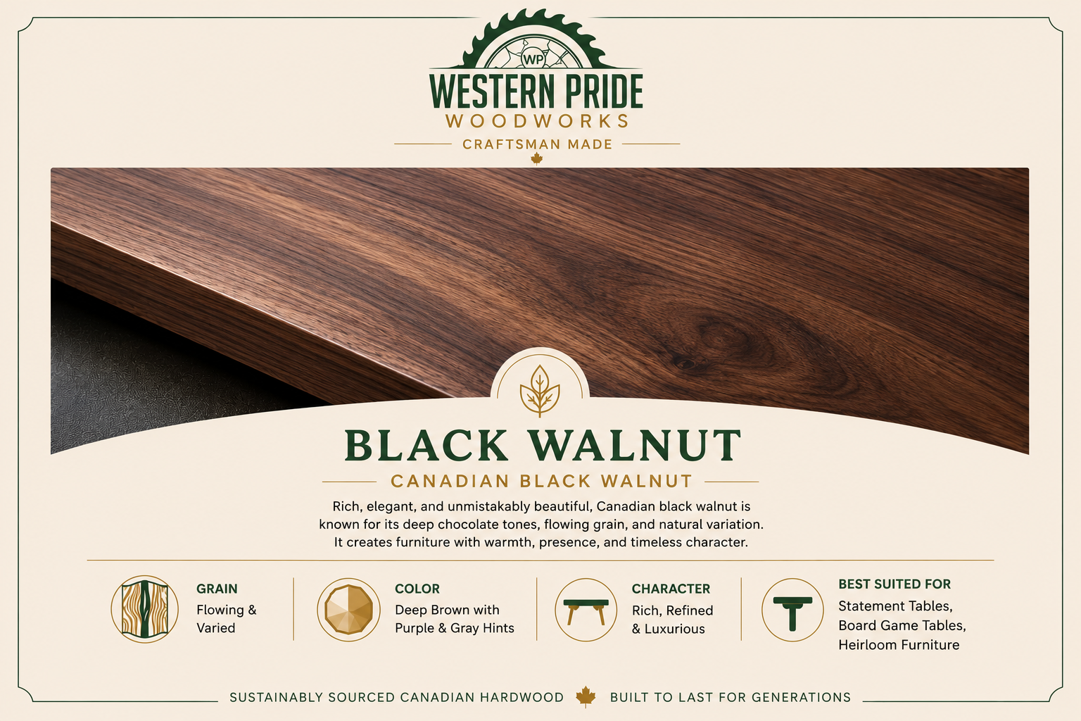 Canadian Black Walnut Hardwood Guide | Western Pride Woodworks - Western Pride Woodworks Premium Canadian black walnut hardwood featuring rich chocolate tones and flowing natural grain, showcased for handcrafted furniture and custom board game tables by Western Pride Woodworks.