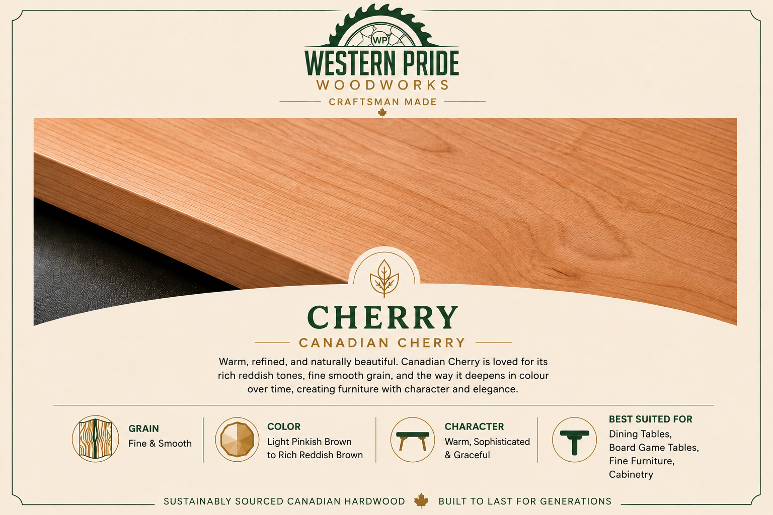 Canadian Cherry Hardwood Guide | Western Pride Woodworks - Western Pride Woodworks Premium Canadian cherry hardwood featuring warm natural reddish-brown tones and fine smooth grain, showcased for handcrafted furniture and custom board game tables by Western Pride Woodworks.