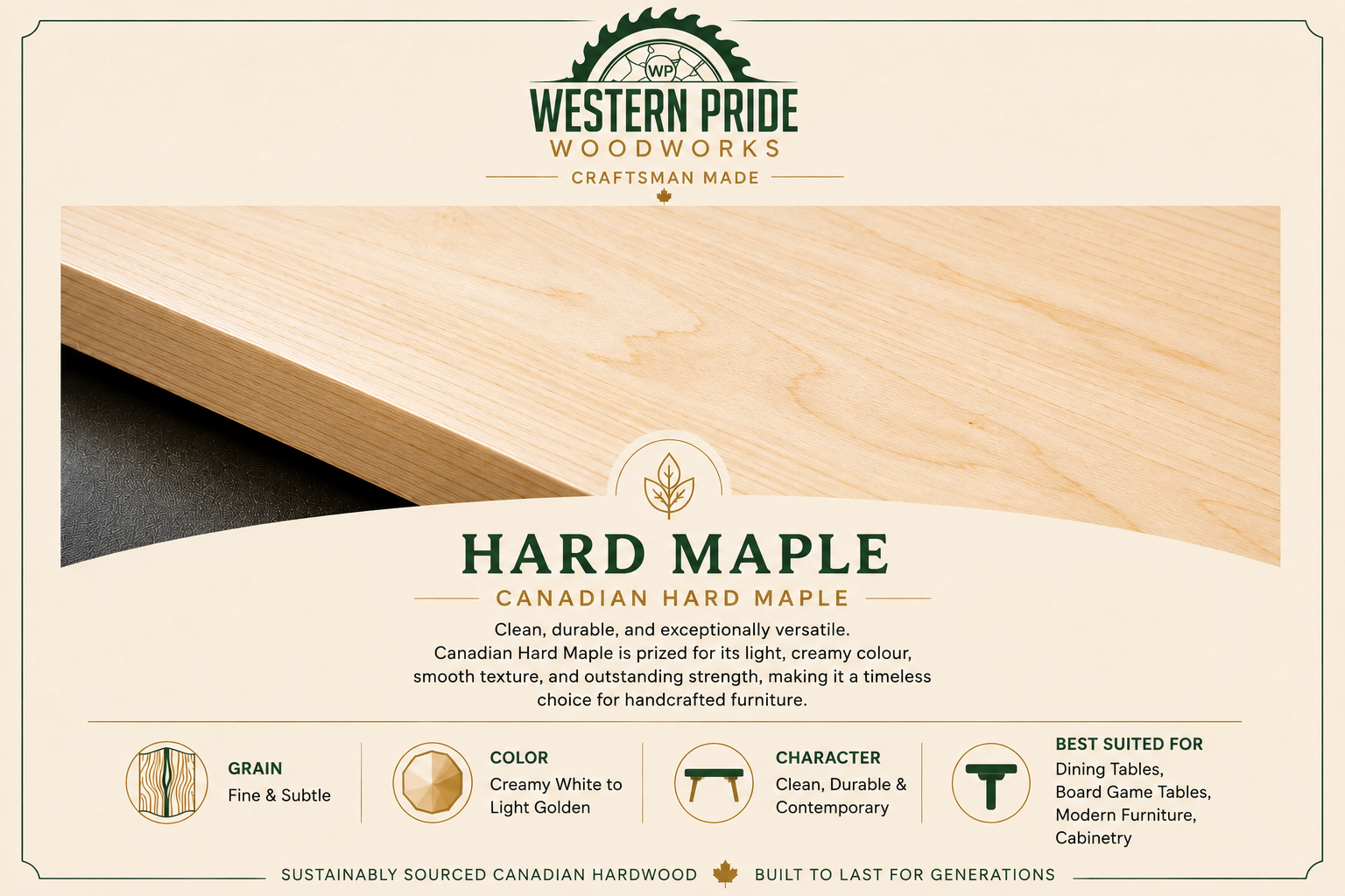 Canadian Hard Maple Hardwood Guide | Western Pride Woodworks - Western Pride Woodworks Premium Canadian hard maple hardwood featuring creamy natural colour and fine, elegant grain, showcased for handcrafted furniture and custom board game tables by Western Pride Woodworks.