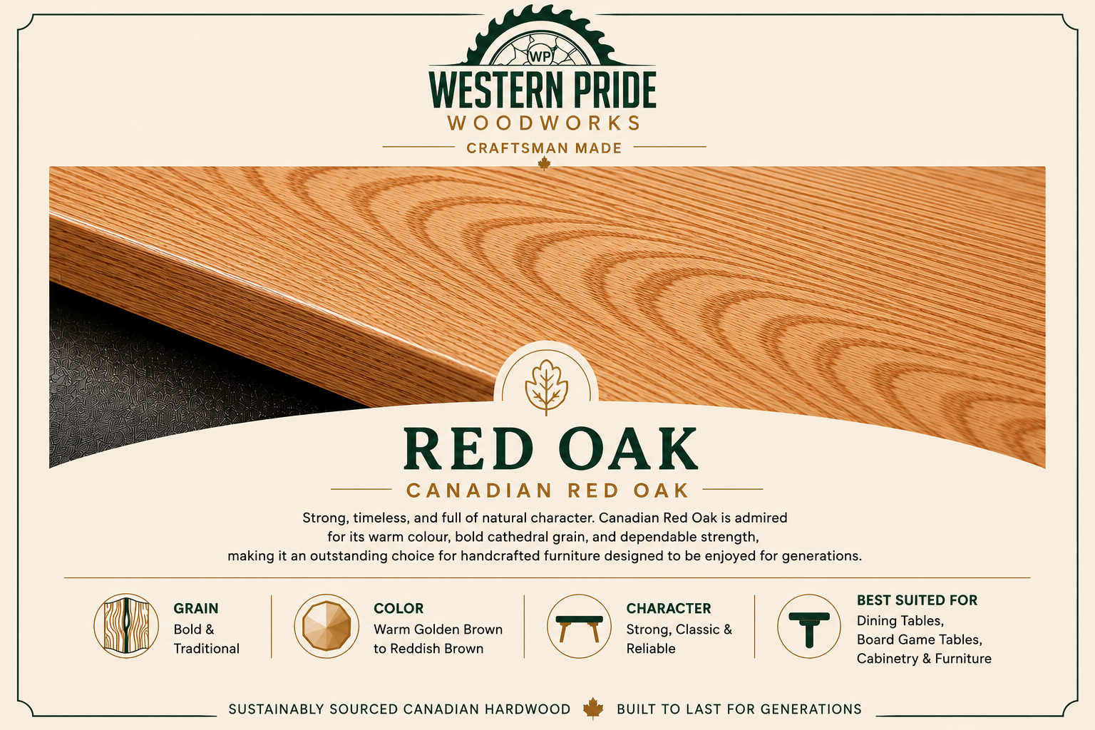 Canadian Red Oak Hardwood Guide | Western Pride Woodworks - Western Pride Woodworks Premium Canadian red oak hardwood featuring warm golden reddish-brown tones and bold cathedral grain, showcased for handcrafted furniture and custom board game tables by Western Pride Woodworks