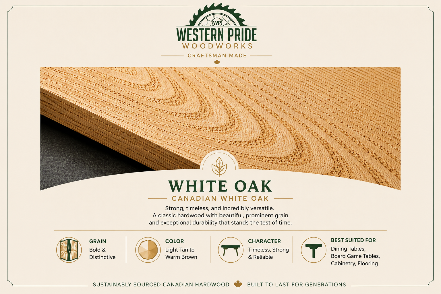 canadian-white-oak-guide-western-pride-woodworks- - Western Pride Woodworks Brand label for Western Pride Woodworks showcasing White Oak (Canadian White Oak) hardwood product.