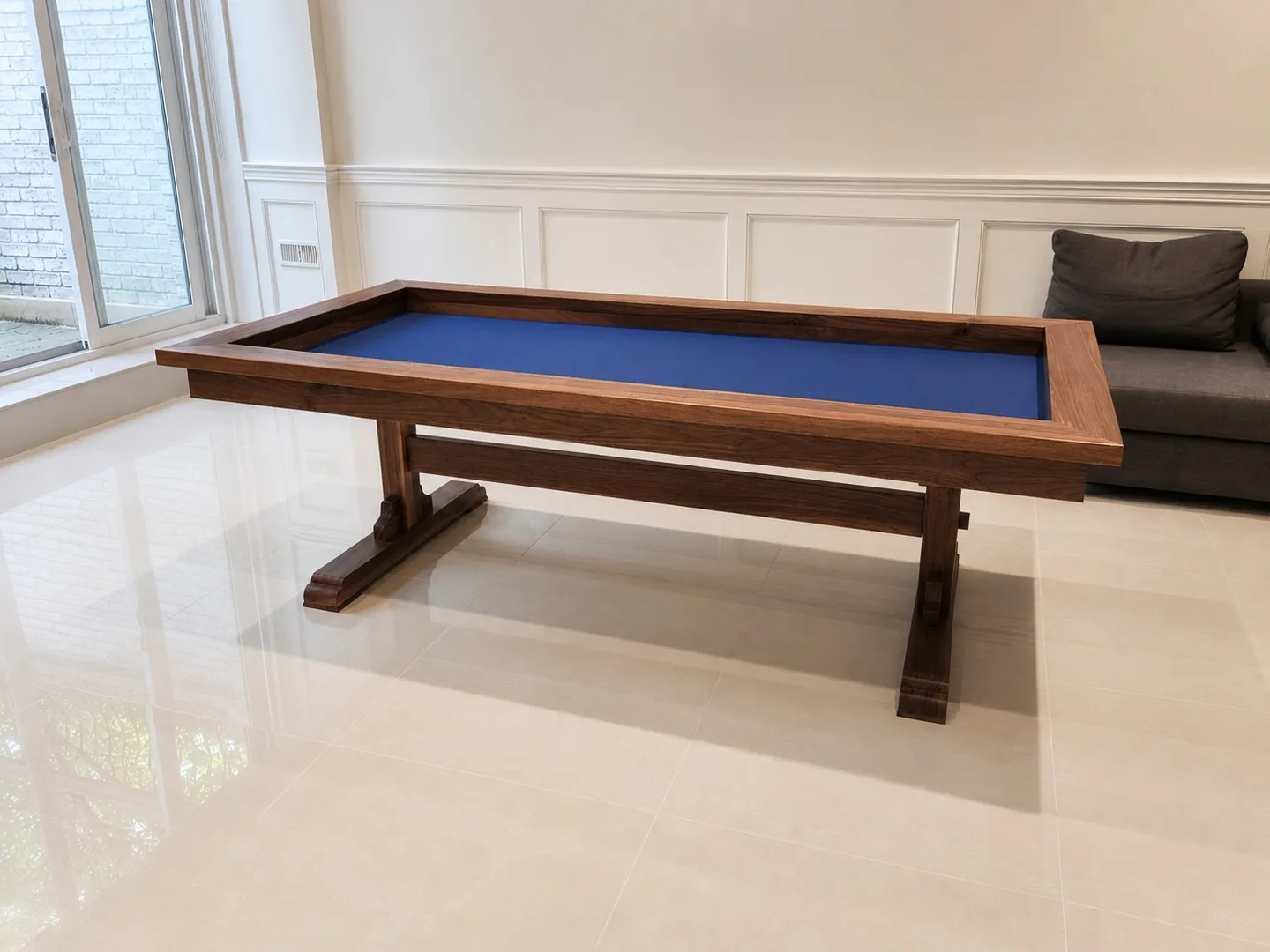 Custom Black Walnut Board Game Table | Western Pride Woodworks - Western Pride Woodworks Custom black walnut board game table handcrafted in Canada with a recessed royal blue playing surface and trestle base.