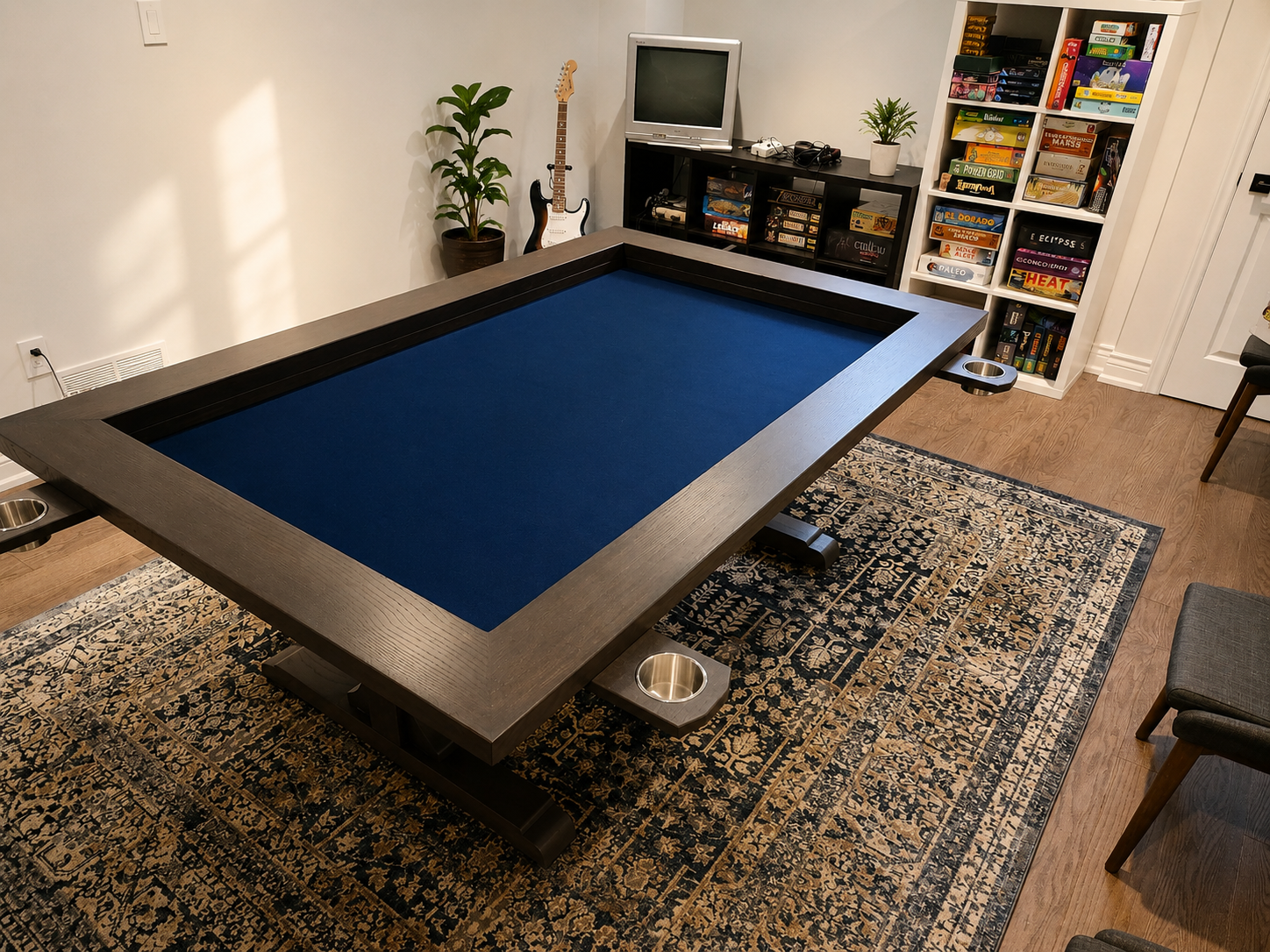 Grey Stained Ash Board Game Table | Western Pride Woodworks - Western Pride Woodworks Custom grey stained ash board game table in a client's Ontario home featuring a recessed blue playing surface and removable stainless steel cup holders.