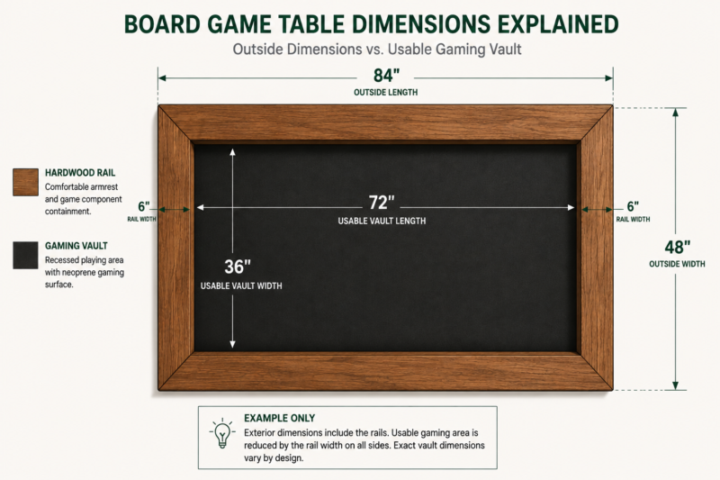 Board Game Table Dimensions Explained - Western Pride Woodworks Board game table dimensions showing an 84 by 48 inch table, 6 inch rails and a 72 by 36 inch usable gaming vault.