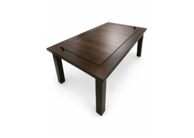 Custom Board Game Table in Dining Mode - Western Pride Woodworks Dark brown rectangular wooden table with a paneled inset top and tapered legs, photographed against a white background for a modern dining room look.